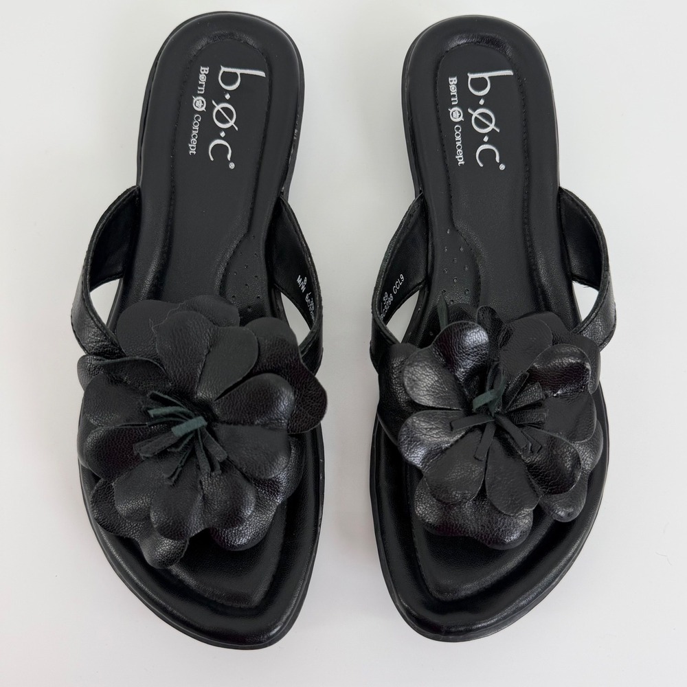 b.o.c. Born Concept Women Black Leather 3D Flower Thong Sandals Size 8 39 - Picture 2 of 10